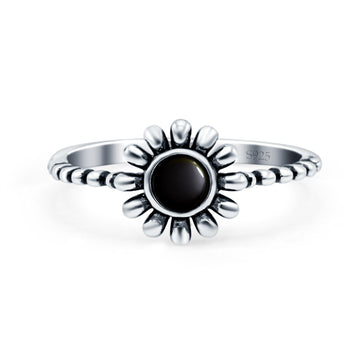 Flower Style Petite Dainty Round Ring Solid Oxidized Simulated Black Onyx 925 Sterling Silver